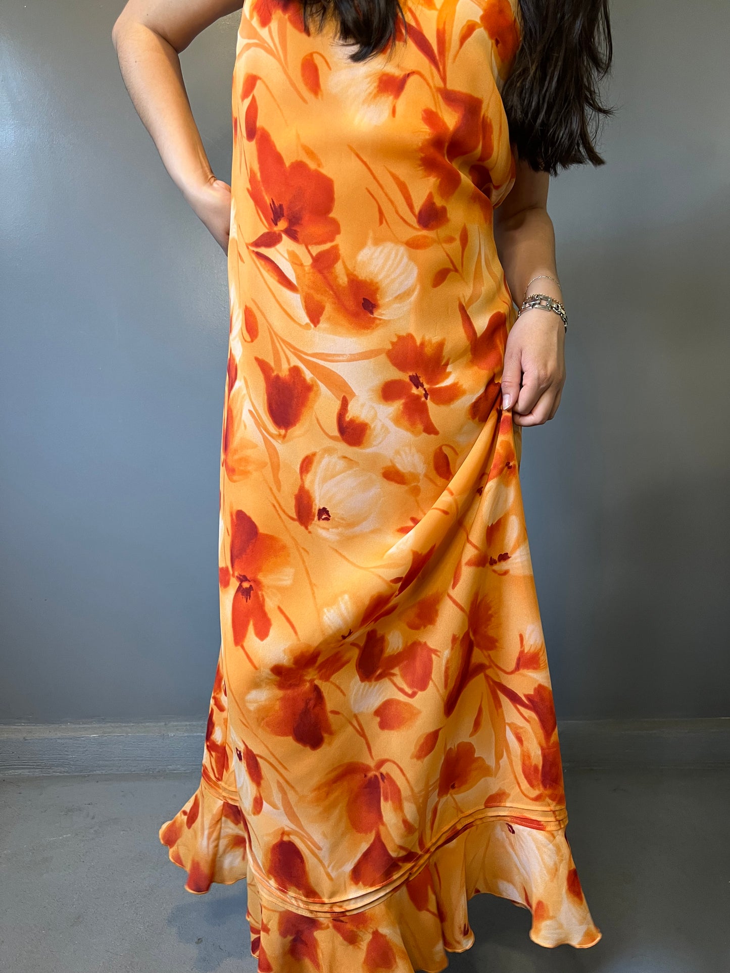 90's Floral Ruffle Dress - L