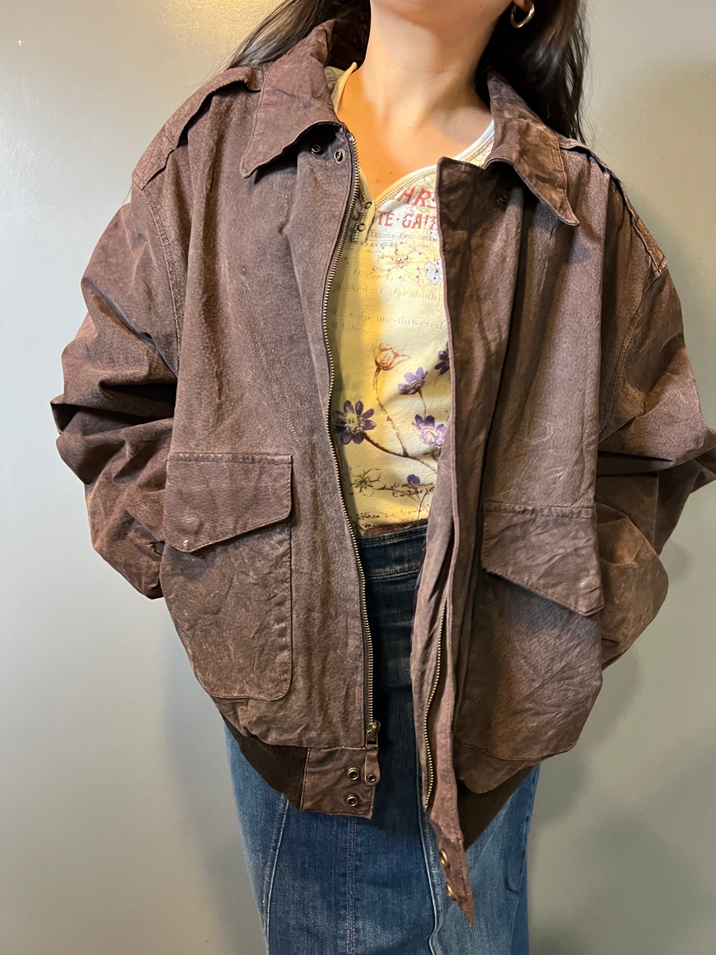 Brown Suede Leather Bomber Jacket - L