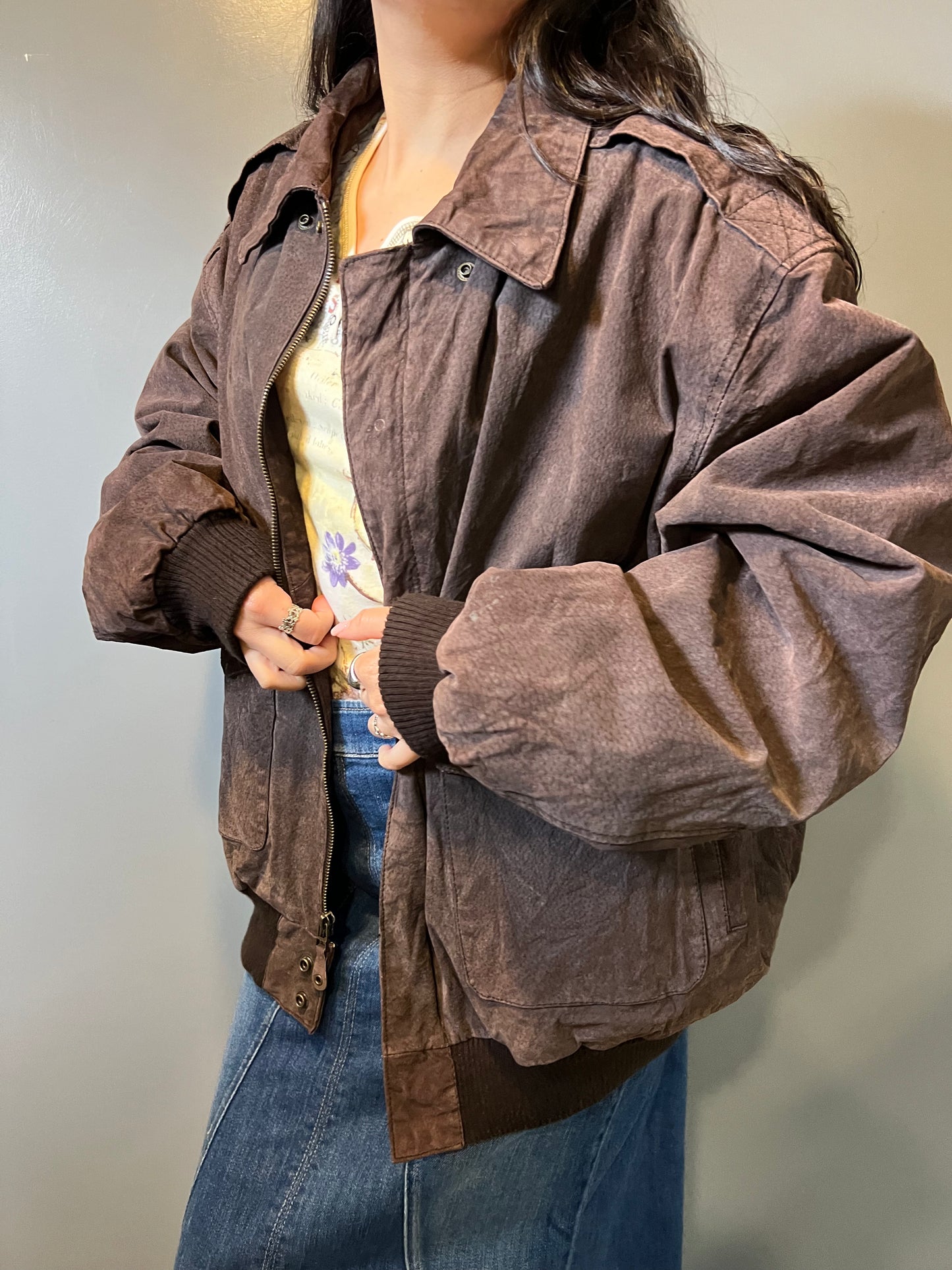 Brown Suede Leather Bomber Jacket - L