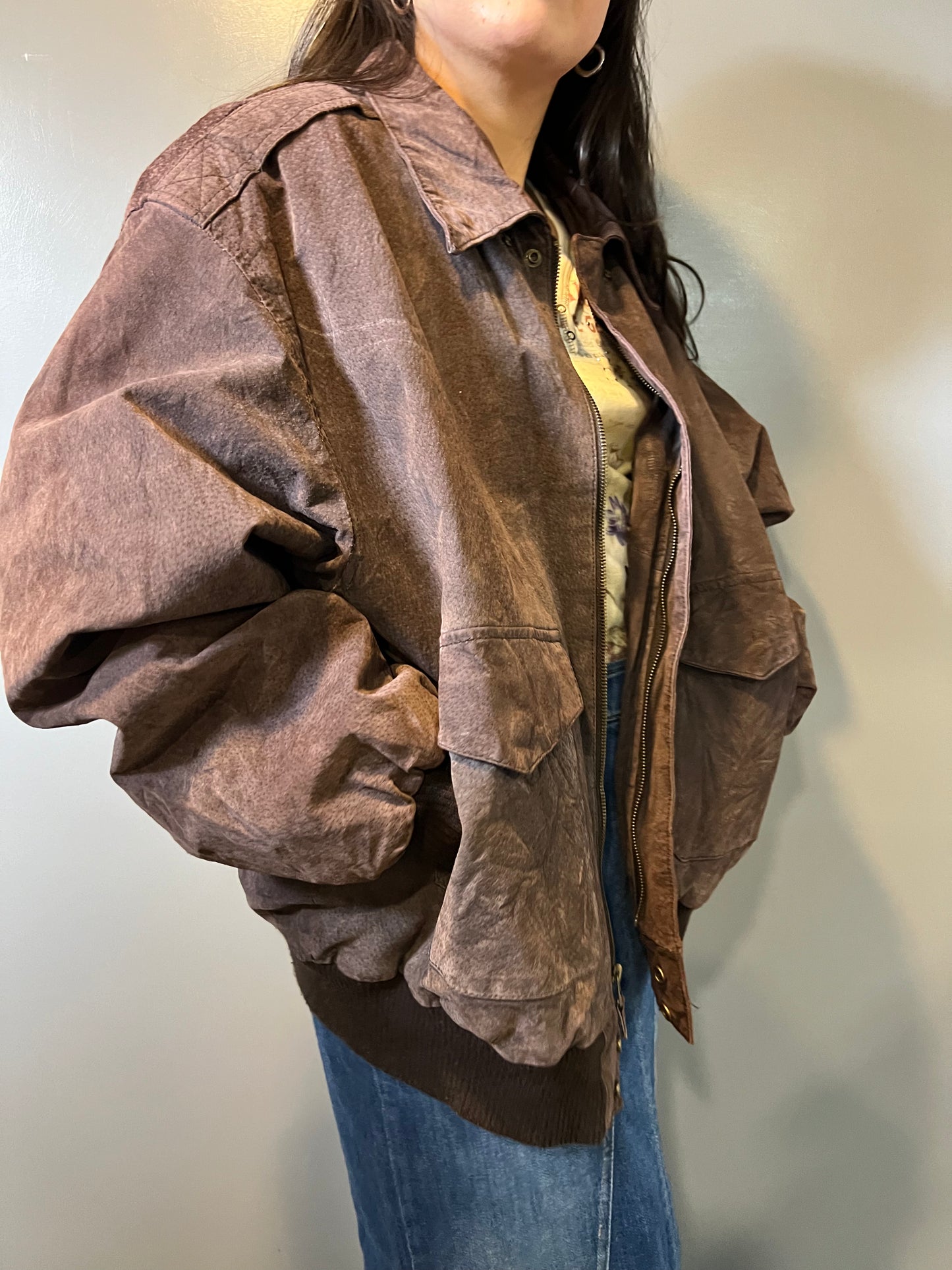 Brown Suede Leather Bomber Jacket - L