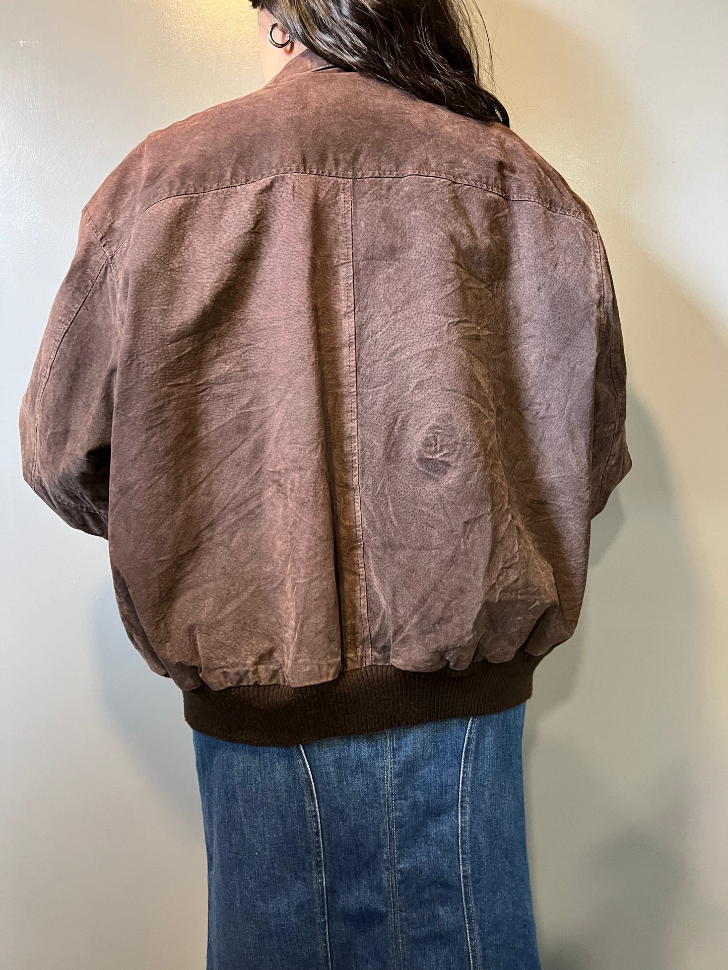 Brown Suede Leather Bomber Jacket - L