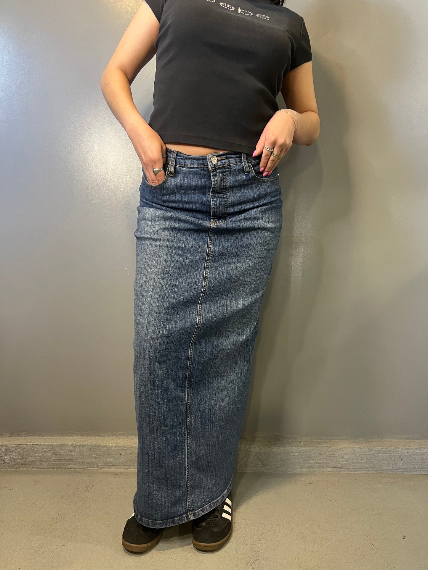 Tian Meizi Medium Wash Denim Maxi Skirt - 28"