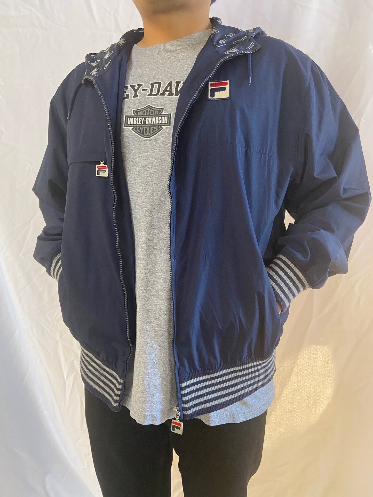Navy FILA Zip Up Nylon Jacket - Medium
