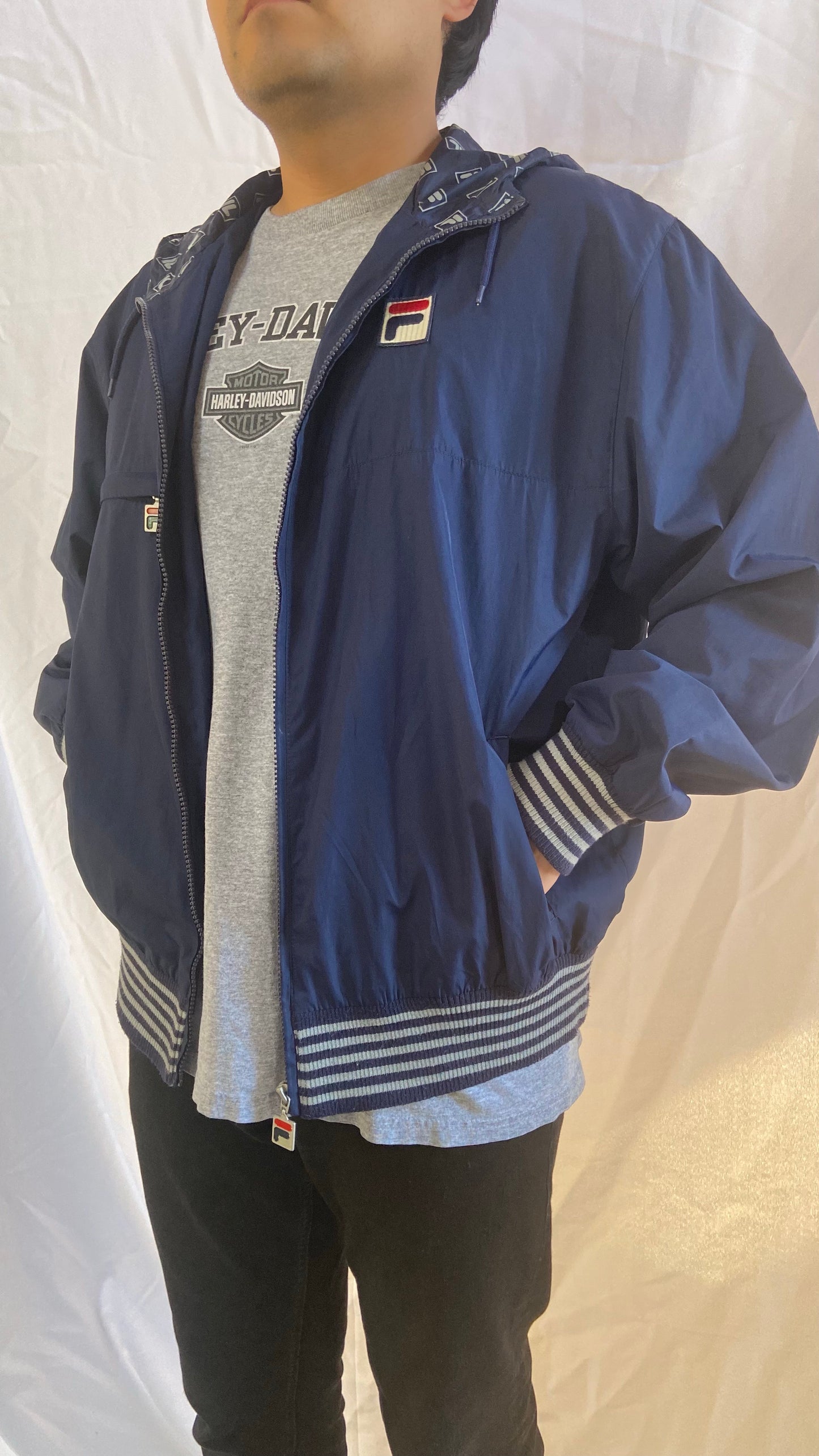 Navy FILA Zip Up Nylon Jacket - Medium