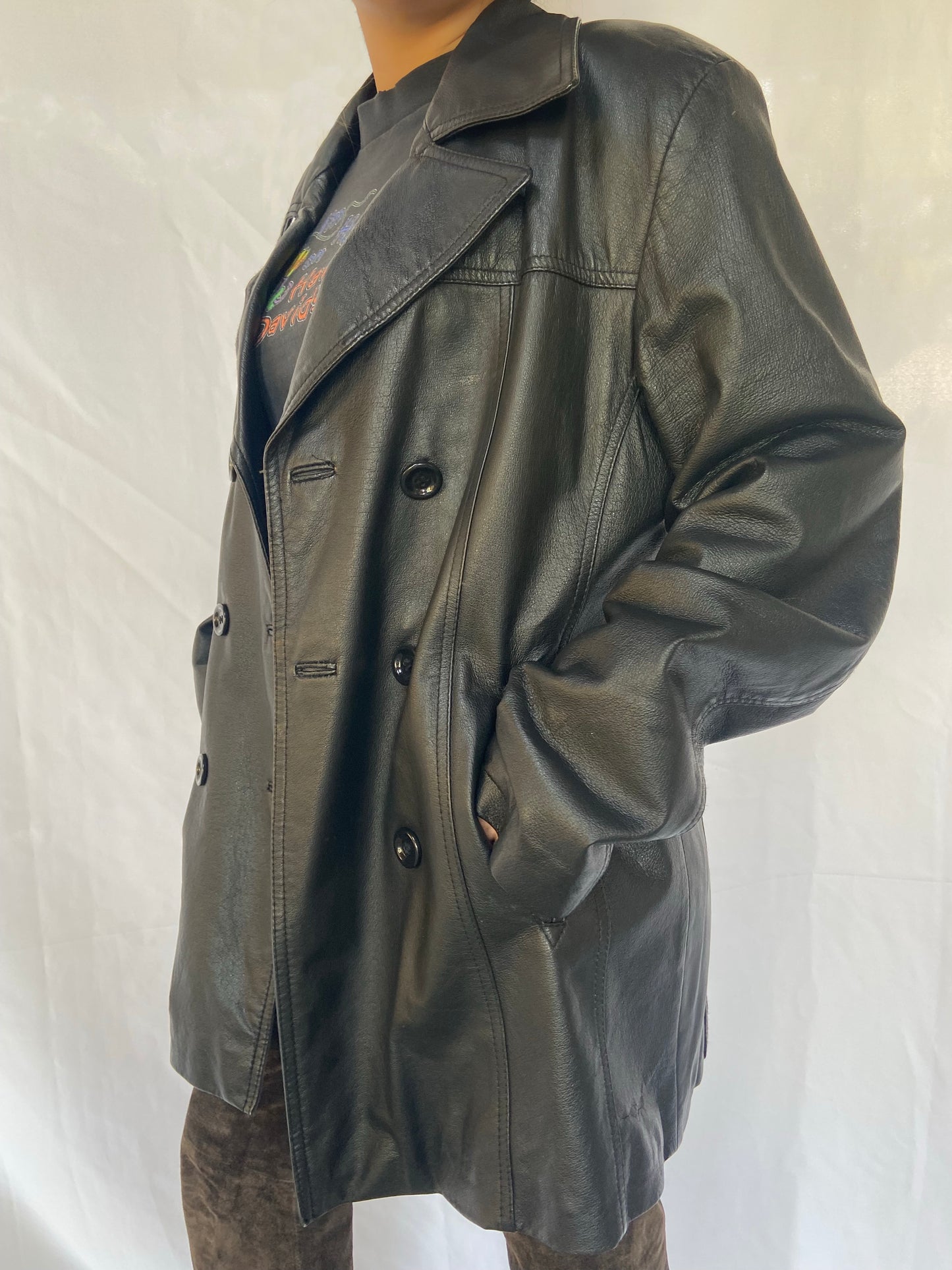 Black G3 Double Breasted Leather Jacket - Medium