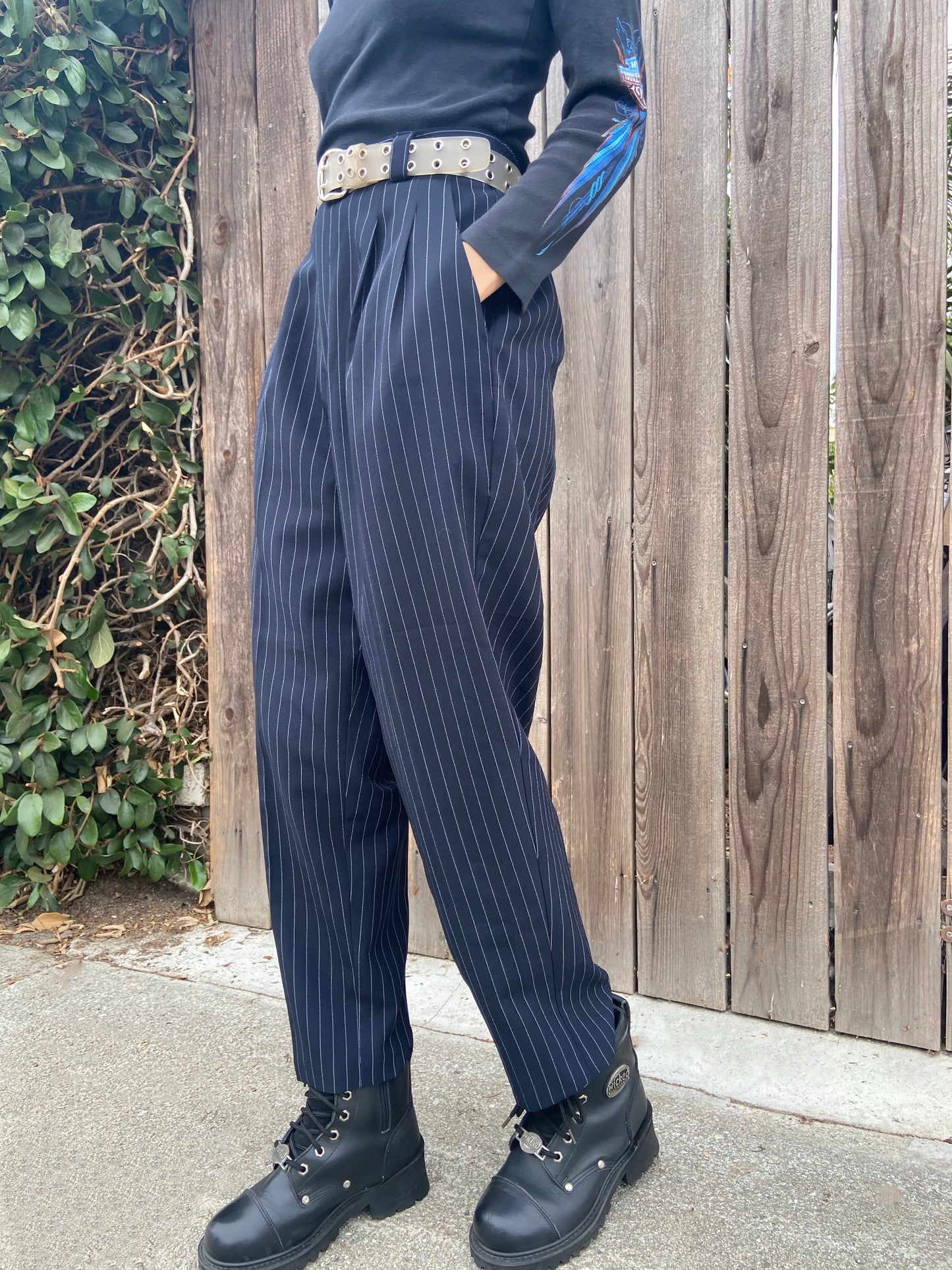 Navy Pinstripe Trousers - 26"