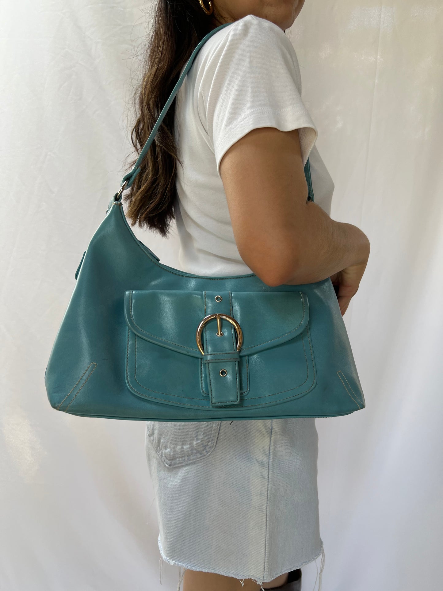 Blue Leather Buckle Handbag