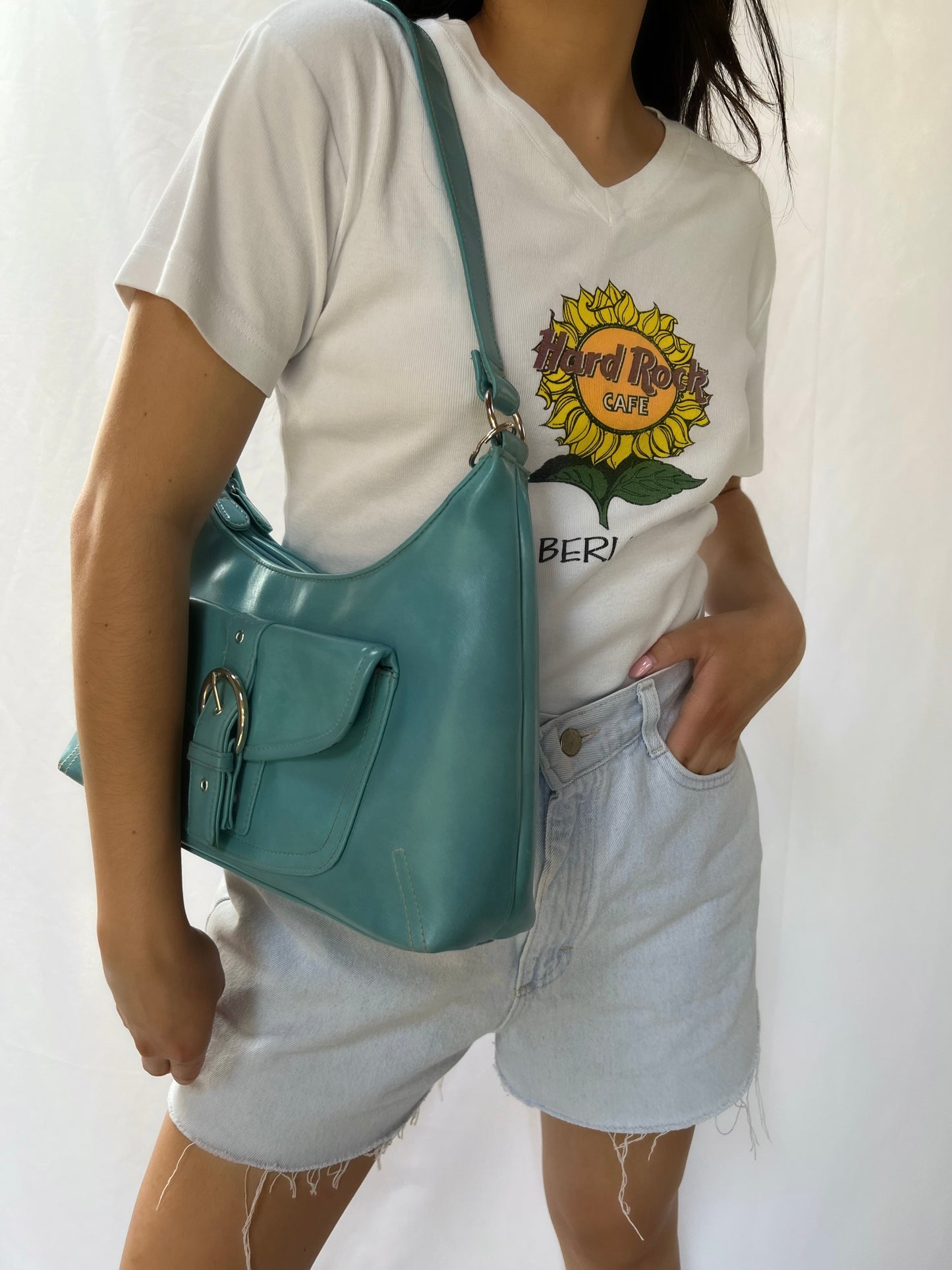 Blue Leather Buckle Handbag