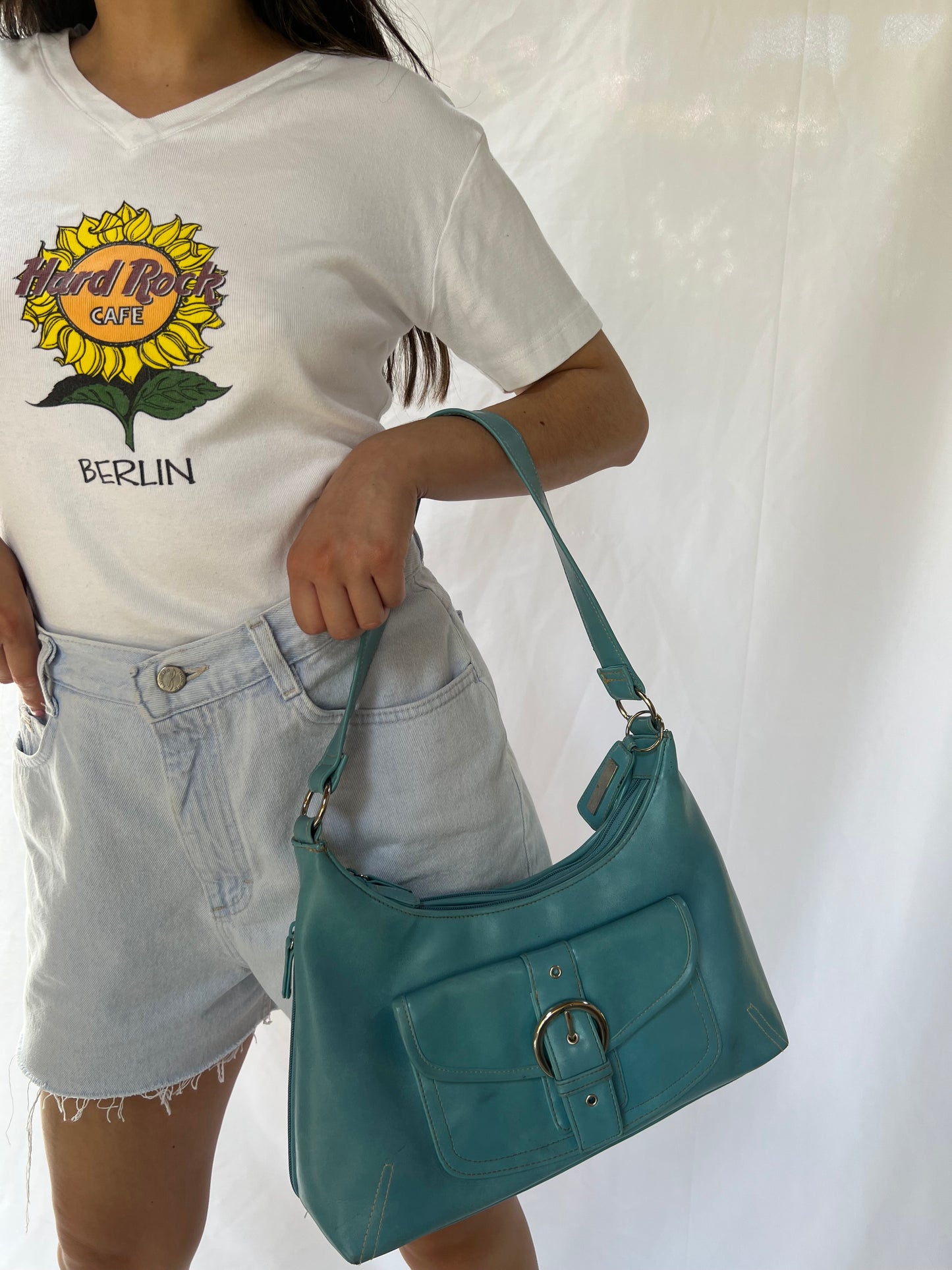 Blue Leather Buckle Handbag