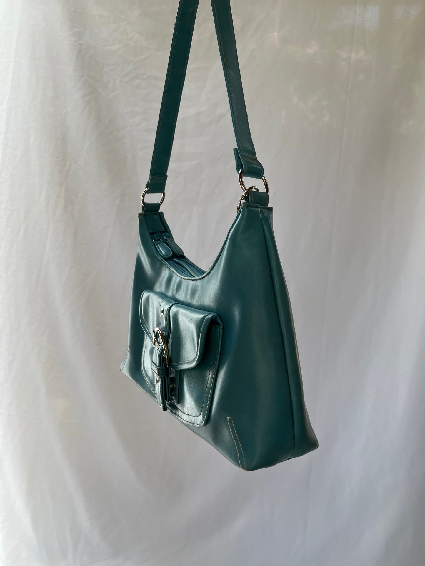 Blue Leather Buckle Handbag