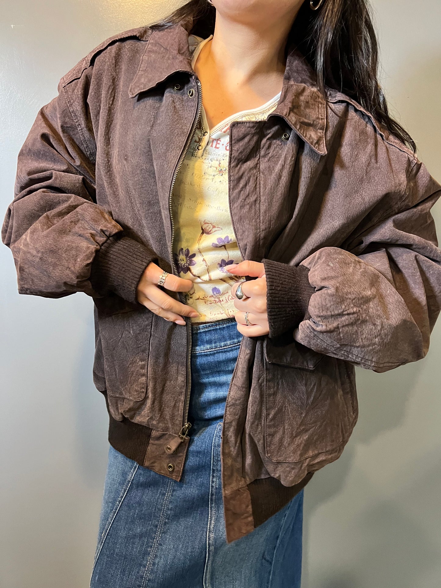 Brown Suede Leather Bomber Jacket - L