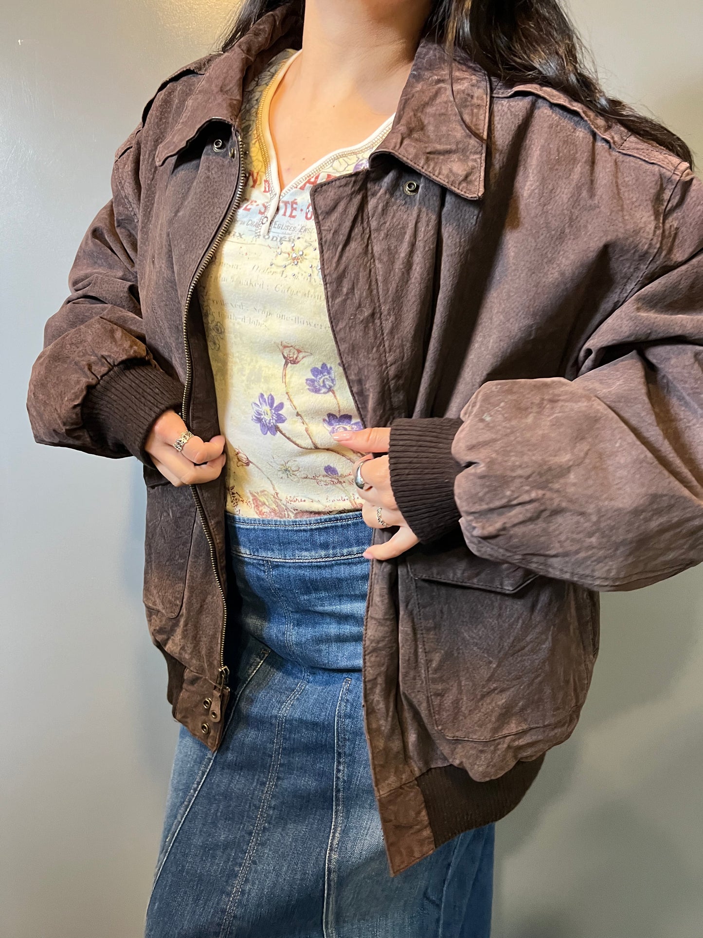 Brown Suede Leather Bomber Jacket - L