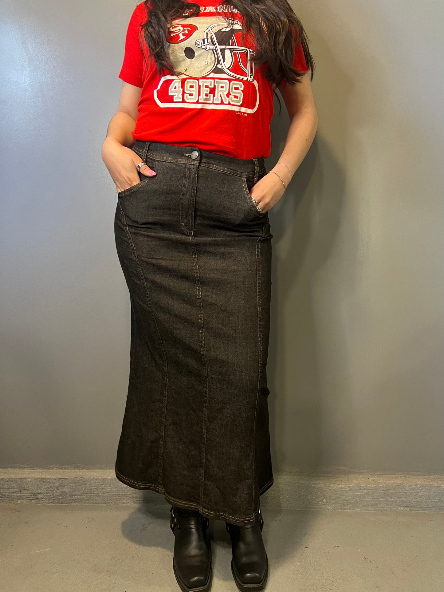 Dark Wash Denim Maxi Skirt - 27"