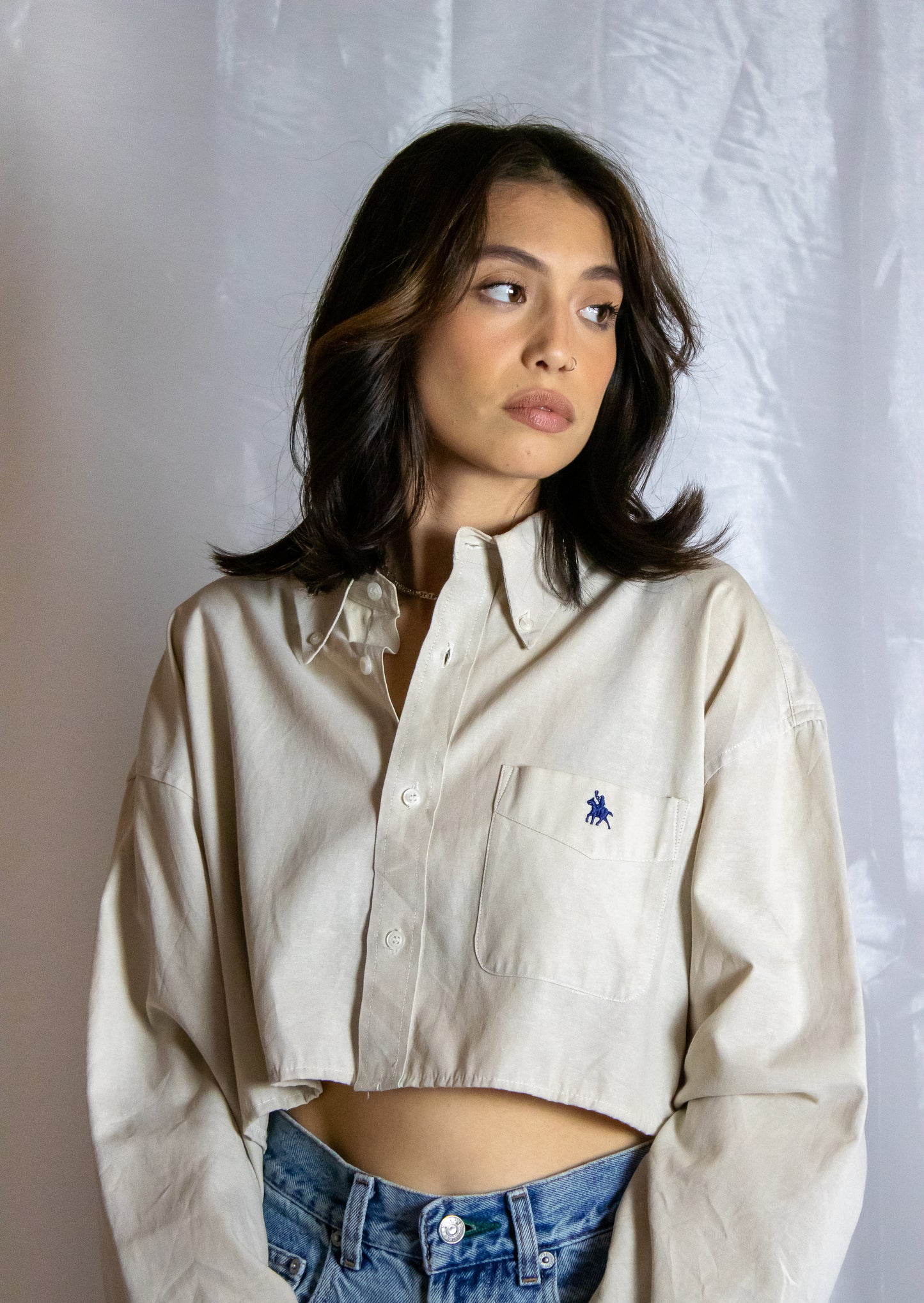 Khaki Cropped Button Up Top