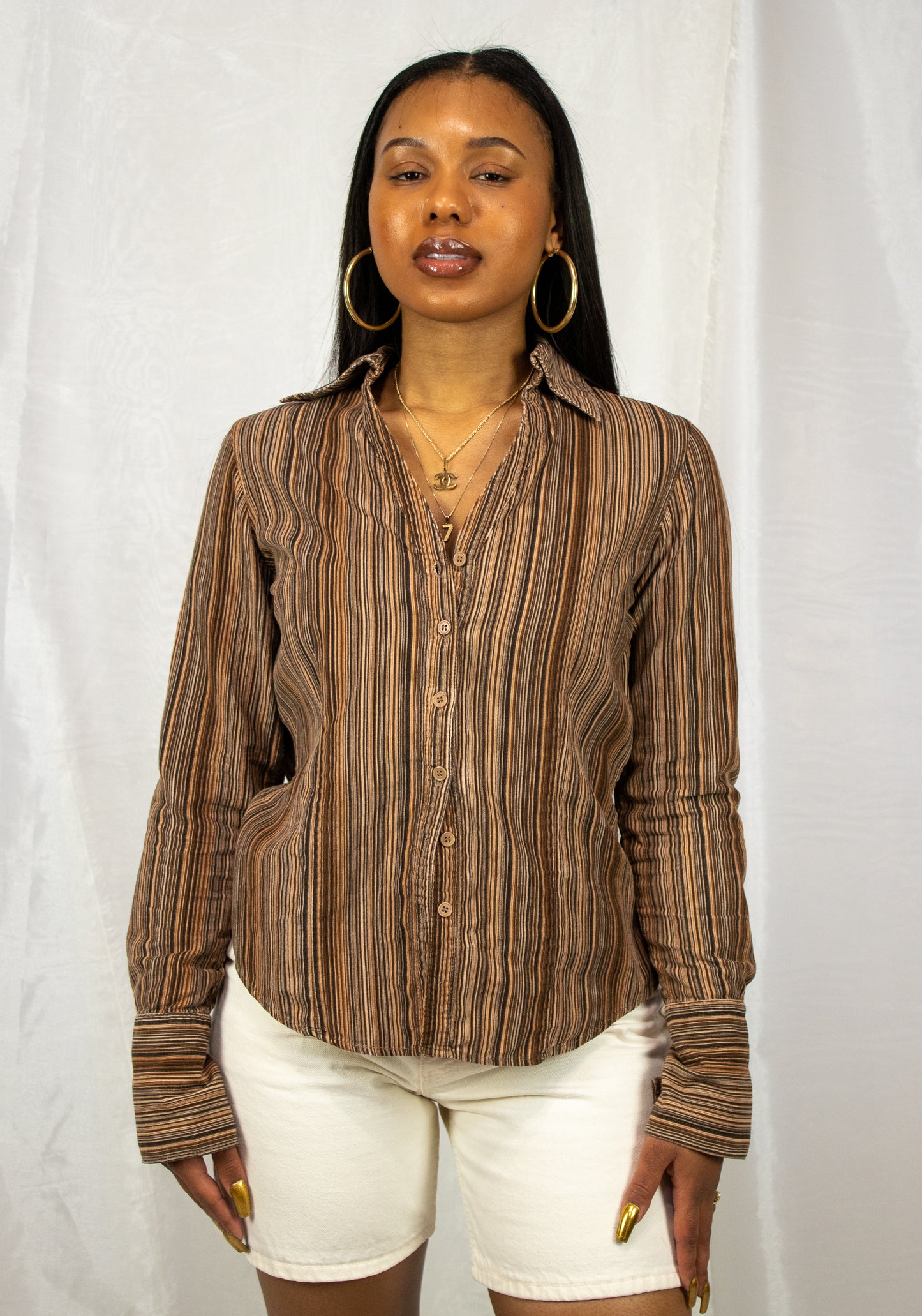 Brown Striped Velvet Button Up Top